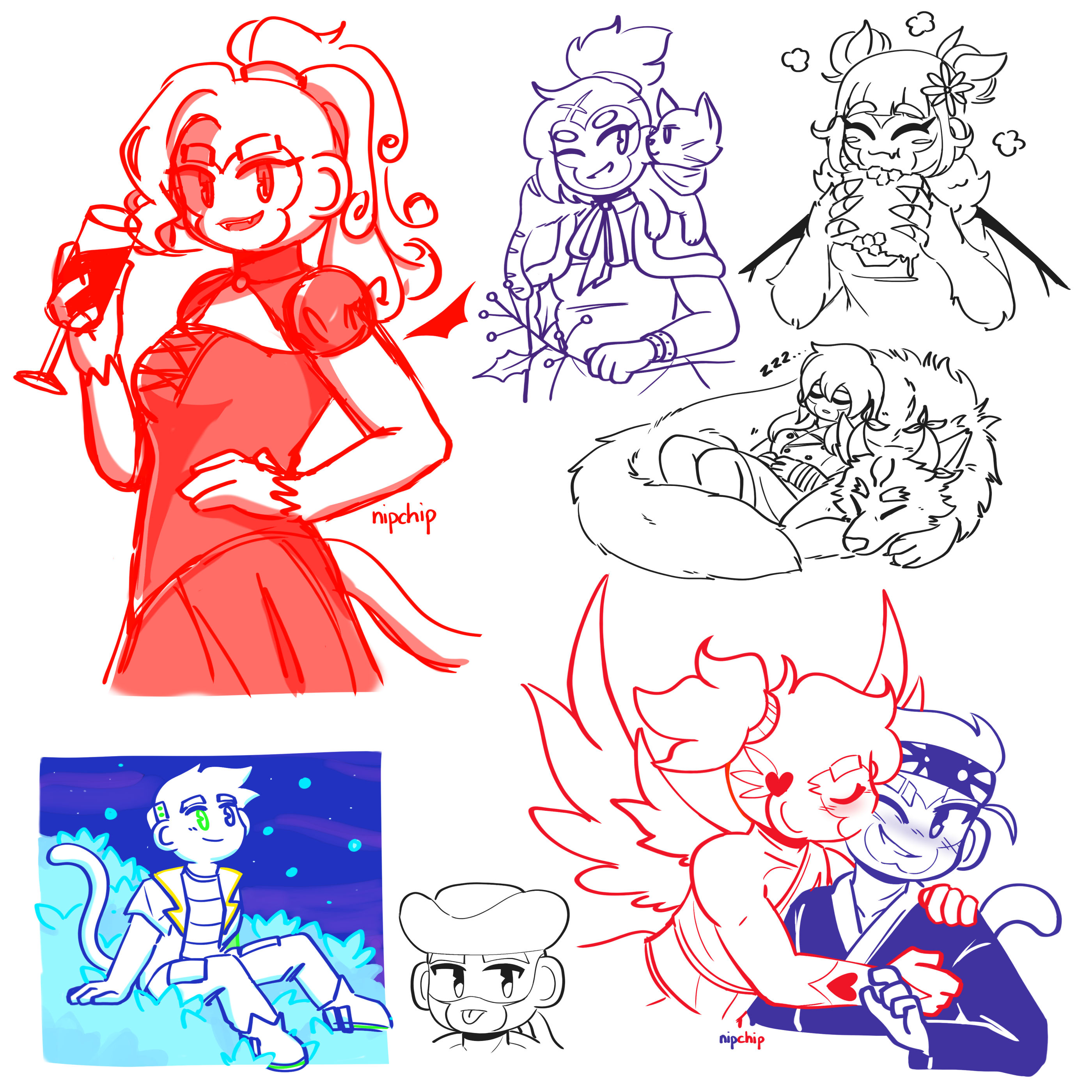 A collection of Bloons doodles. From left-to-right, top-to-bottom: 1. Vampire Adora holding a glass of red liquid; 2. Ezili wearing a Christmas outfit with Smudge sitting on her shoulders; 3. Beesalia eating honeycomb; 4. Brickell and Wolf Obyn napping together; 5. Star Captain Jericho sitting in a field of blue flowers and looking up at the starry night sky; 6. Highwayman Jericho sticking his tongue out; 7. Cupid Quincy holding Sushi Ben and kissing him on the cheek.